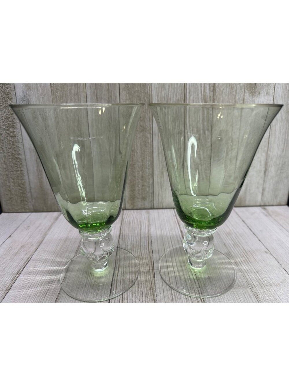 Vintage Glass Wine Goblets Green Tinted Ball Stemmed Drinkware 7" - Set of 2